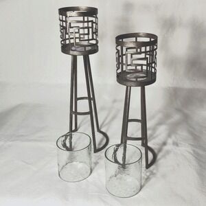 HTF Rare Set 2 Metal Pillar Candle Holders Glass Inserts 13" & 15" Made In India